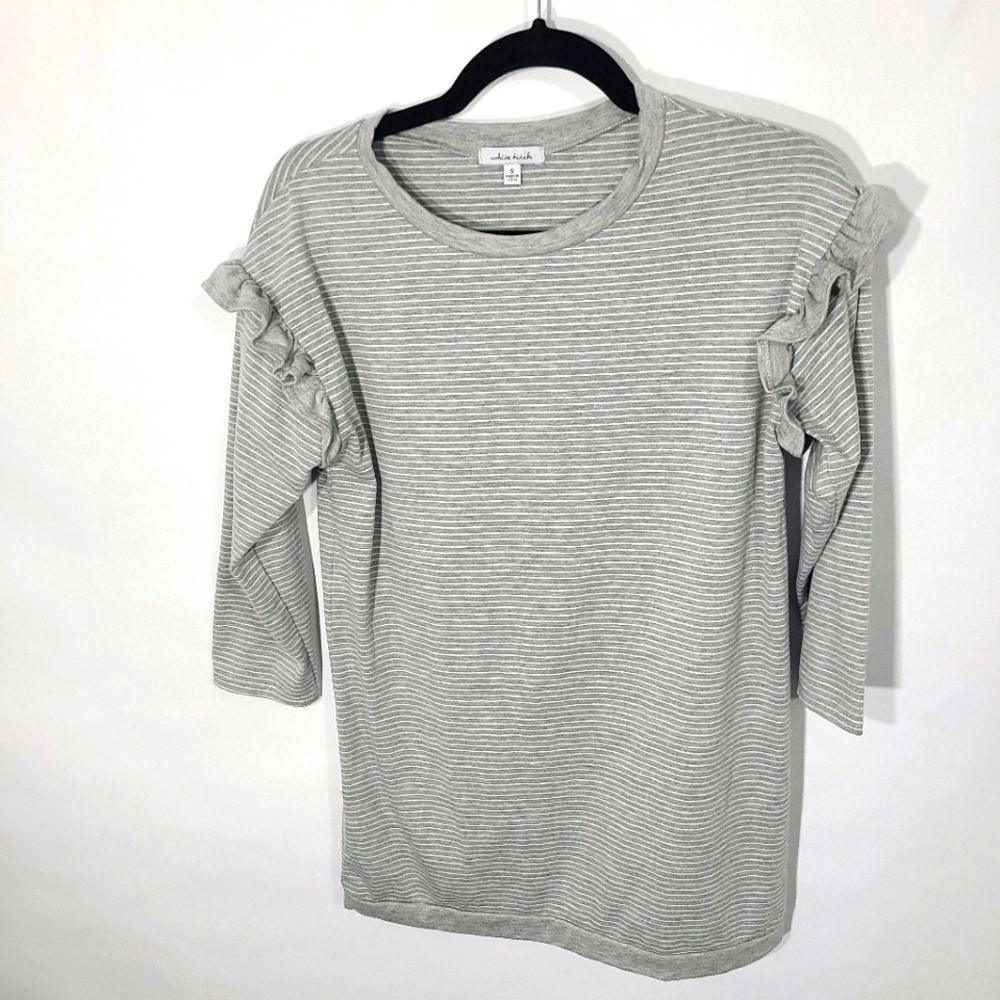 White Birch Women's Size Small Striped Gray Shirt‎ with Ruffles on Shoulder
